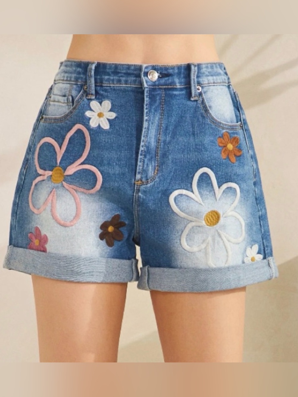 Embroidered Floral Denim Shorts - Blue